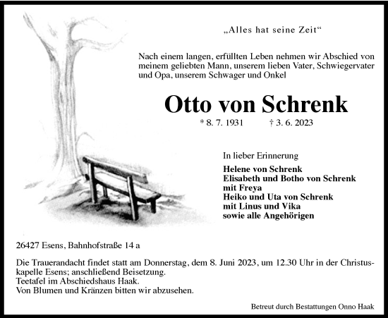 Traueranzeige von Otto von Schrenk von WZ/JW/AH