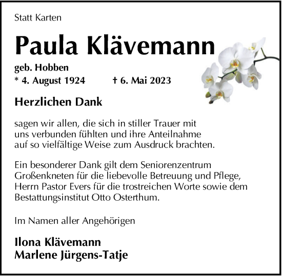Traueranzeige von Paula Klävemann von Nordwest-Zeitung