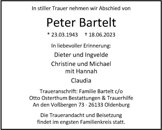 Traueranzeige von Peter Bartelt von Nordwest-Zeitung