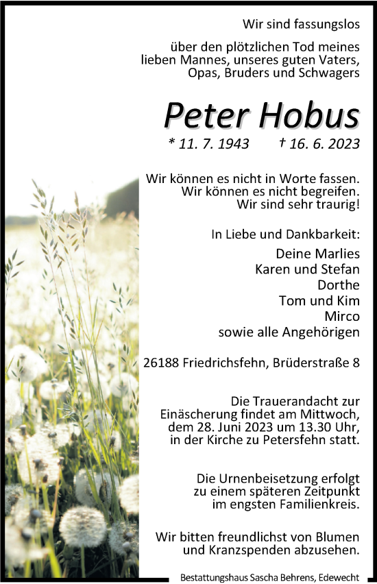 Traueranzeige von Peter Hobus von Nordwest-Zeitung