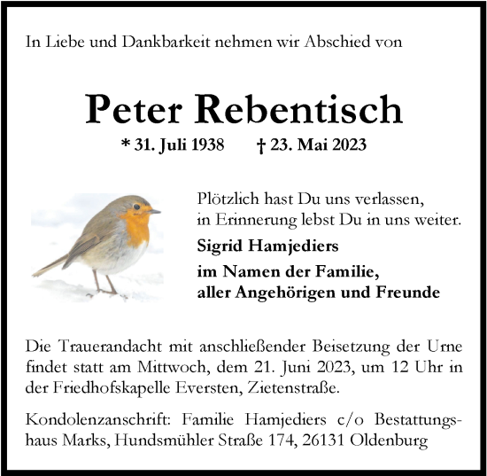 Traueranzeige von Peter Rebentisch von Nordwest-Zeitung