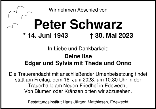 Traueranzeige von Peter Schwarz von Nordwest-Zeitung