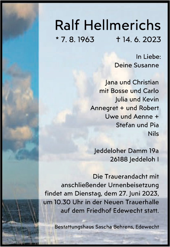 Traueranzeige von Ralf Hellmerichs von Nordwest-Zeitung