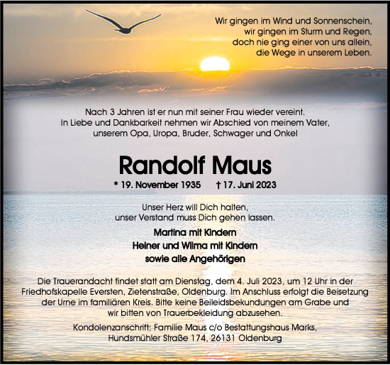 Traueranzeige von Randolf Maus von Nordwest-Zeitung