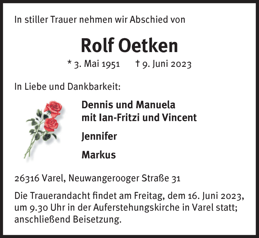  Traueranzeige für Rolf Oetken vom 13.06.2023 aus Nordwest-Zeitung