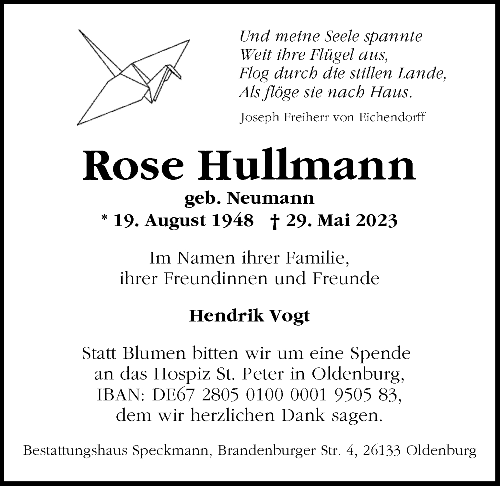  Traueranzeige für Rose Hullmann vom 03.06.2023 aus Nordwest-Zeitung