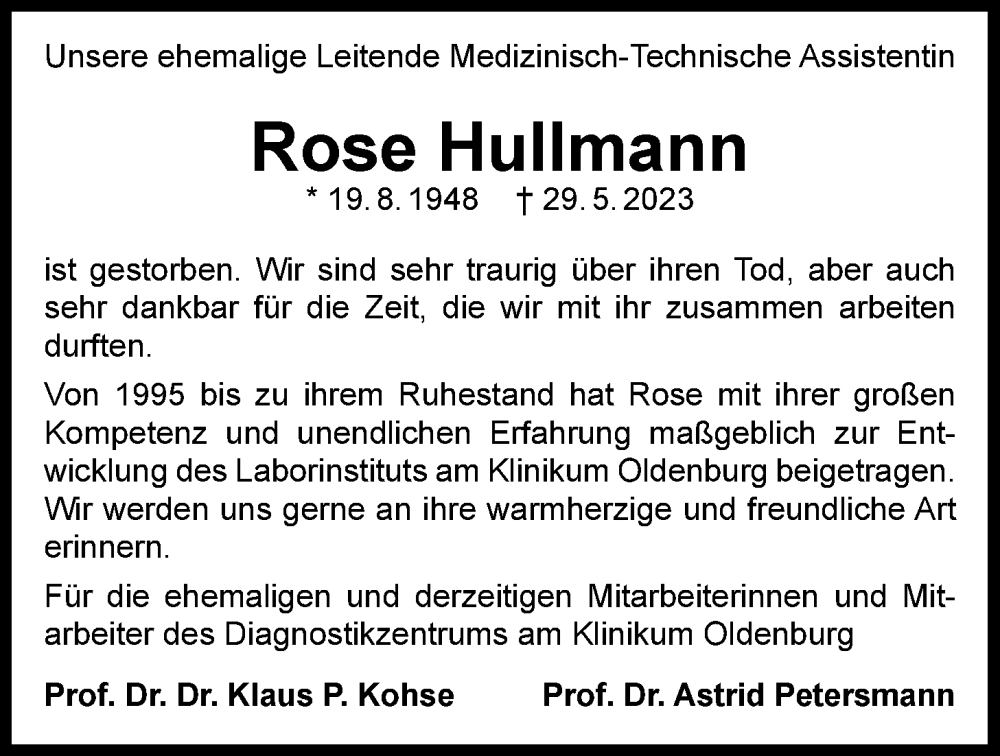  Traueranzeige für Rose Hullmann vom 03.06.2023 aus Nordwest-Zeitung