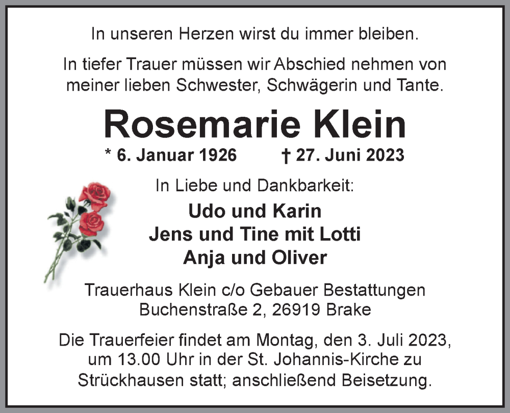  Traueranzeige für Rosemarie Klein vom 29.06.2023 aus Nordwest-Zeitung