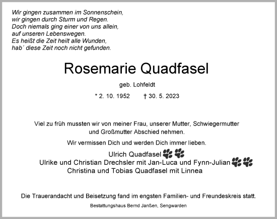 Traueranzeige von Rosemarie Quadfasel von WZ/JW/AH