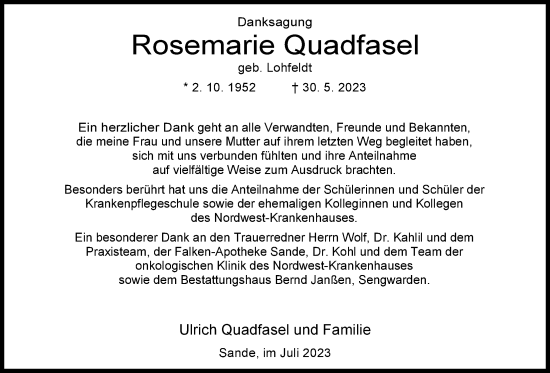 Traueranzeige von Rosemarie Quadfasel von WZ/JW/AH