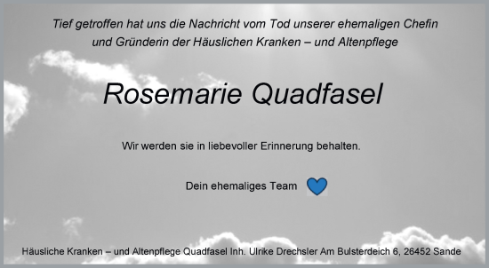 Traueranzeige von Rosemarie Quadfasel von WZ/JW/AH