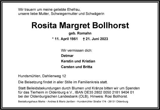 Traueranzeige von Rosita Margret Bollhorst von Nordwest-Zeitung