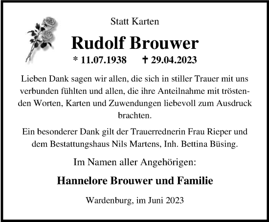 Traueranzeige von Rudolf Brouwer von Nordwest-Zeitung