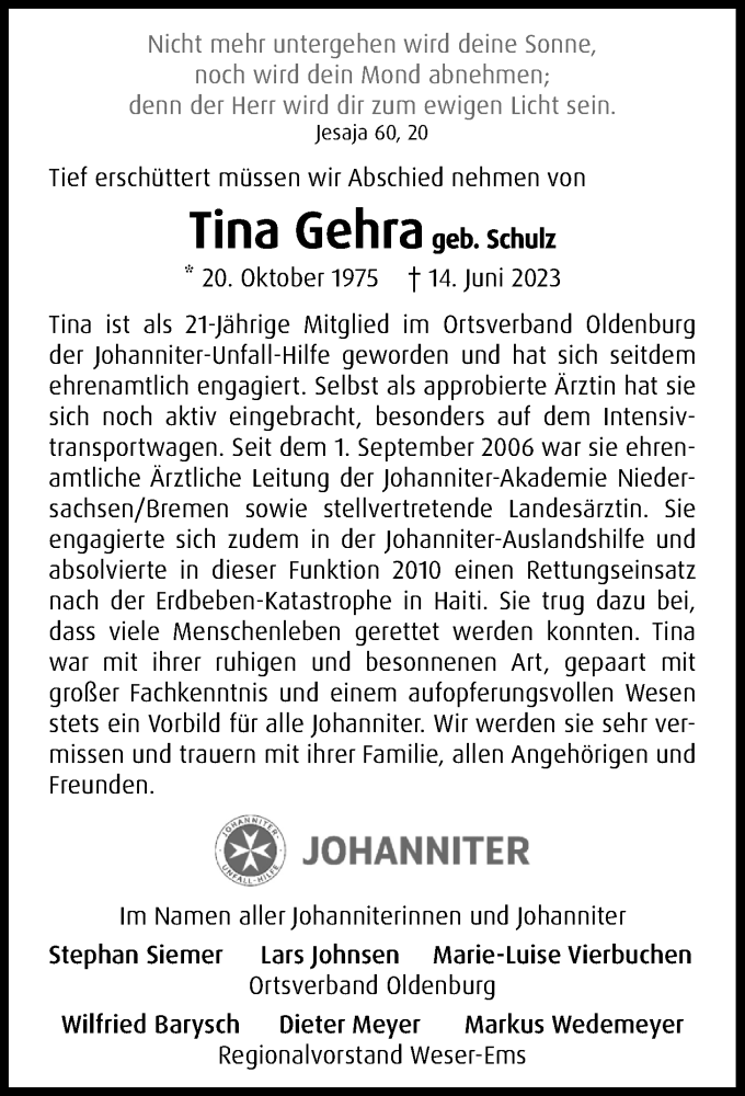  Traueranzeige für Tina Gehra vom 22.06.2023 aus Nordwest-Zeitung