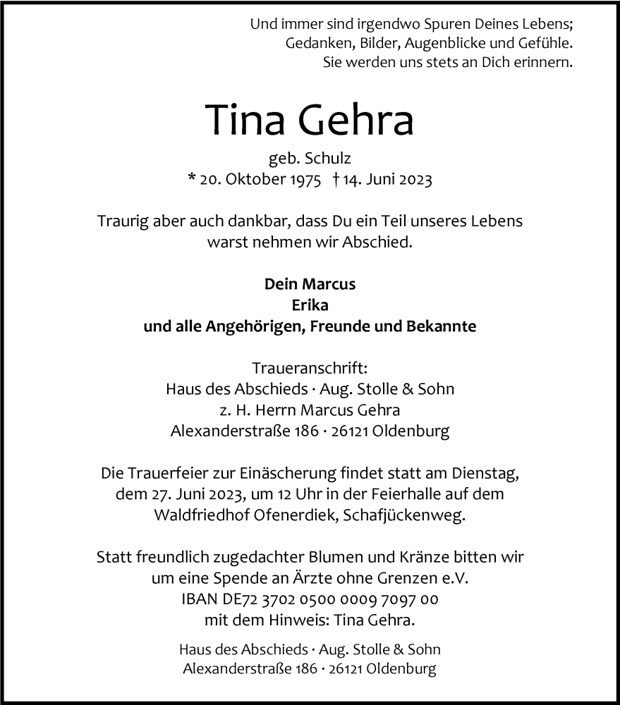  Traueranzeige für Tina Gehra vom 20.06.2023 aus Nordwest-Zeitung