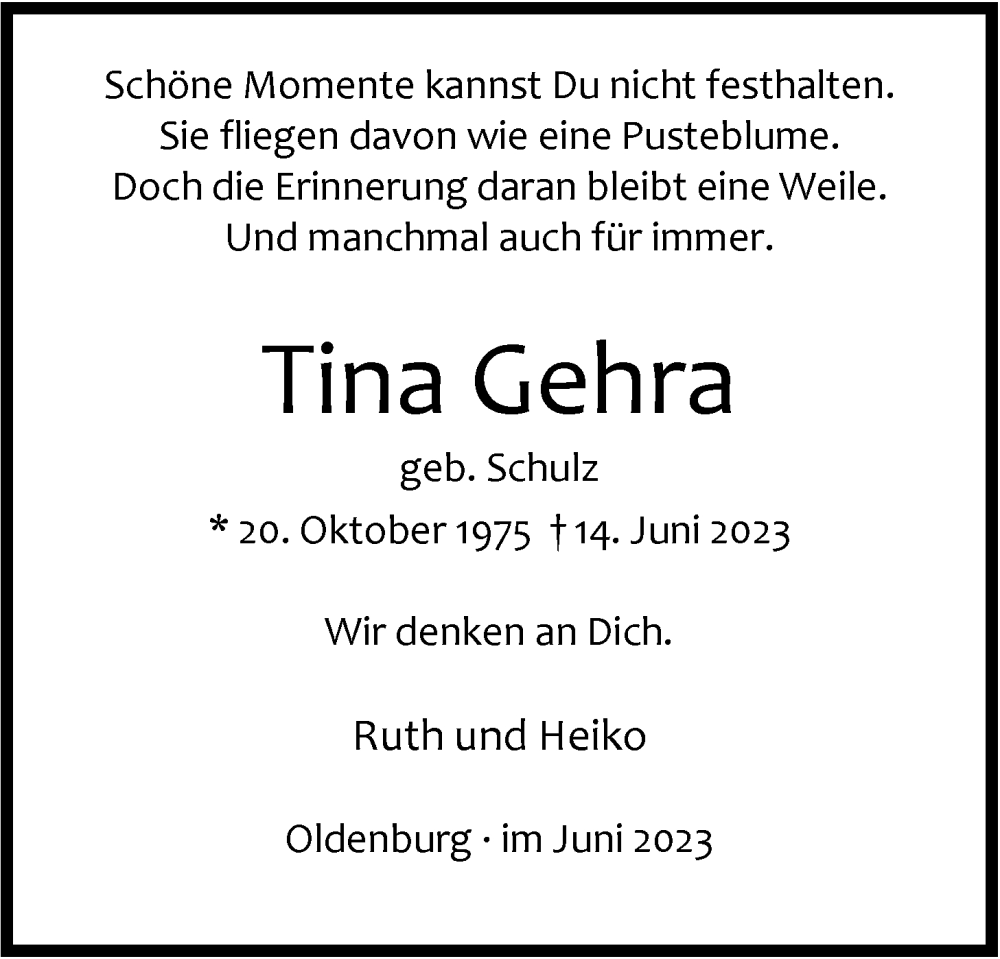  Traueranzeige für Tina Gehra vom 20.06.2023 aus Nordwest-Zeitung