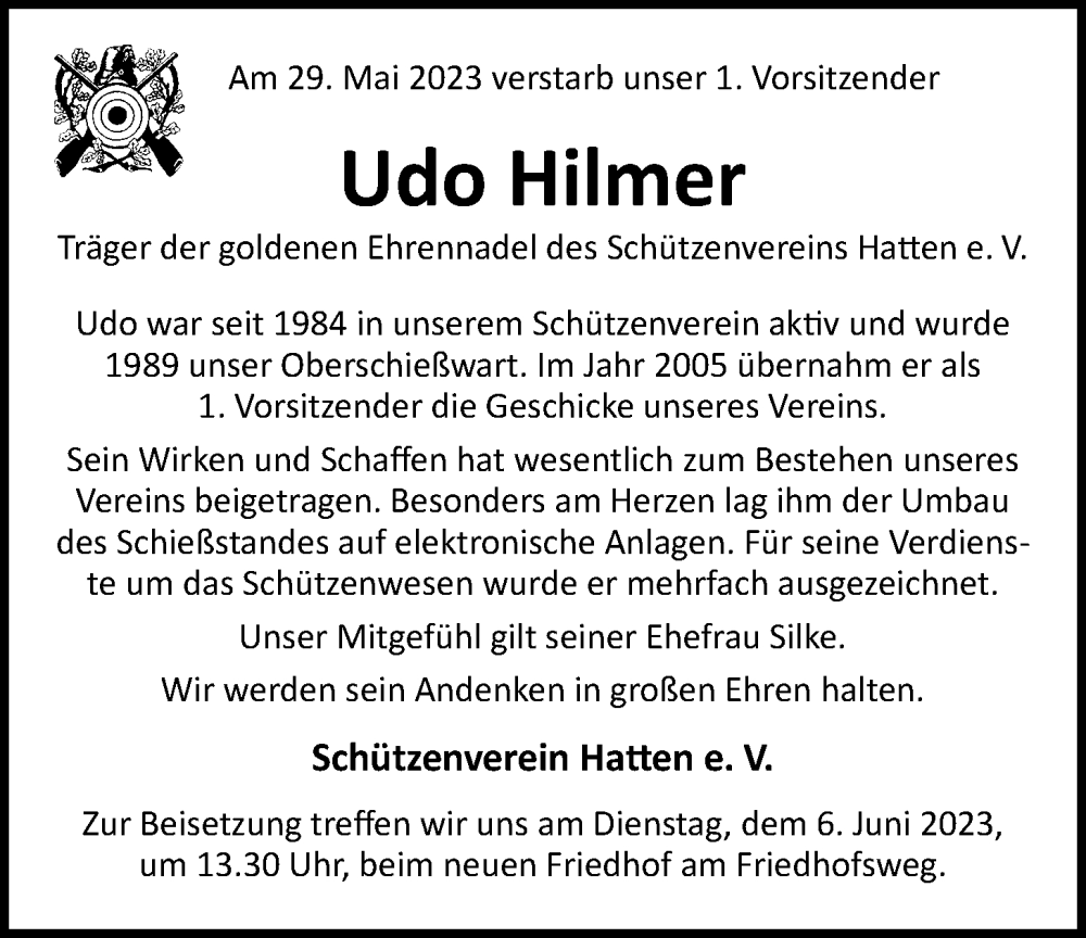  Traueranzeige für Udo Hilmer vom 02.06.2023 aus Nordwest-Zeitung