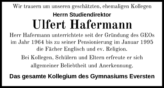 Traueranzeige von Ulfert Hafermann von Nordwest-Zeitung