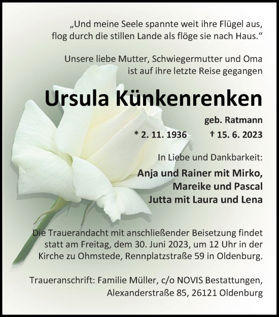 Traueranzeige von Ursula Künkenrenken von Nordwest-Zeitung