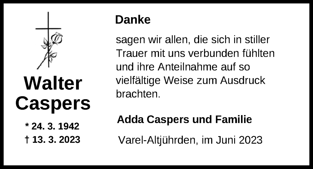  Traueranzeige für Walter Caspers vom 16.06.2023 aus Nordwest-Zeitung