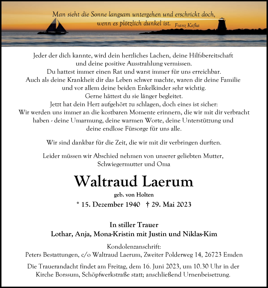  Traueranzeige für Waltraud Laerum vom 03.06.2023 aus Emder Zeitung