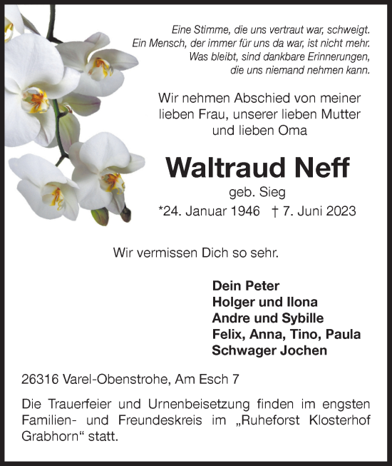 Traueranzeige von Waltraud Neff von Nordwest-Zeitung