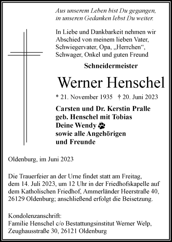 Traueranzeige von Werner Henschel von Nordwest-Zeitung