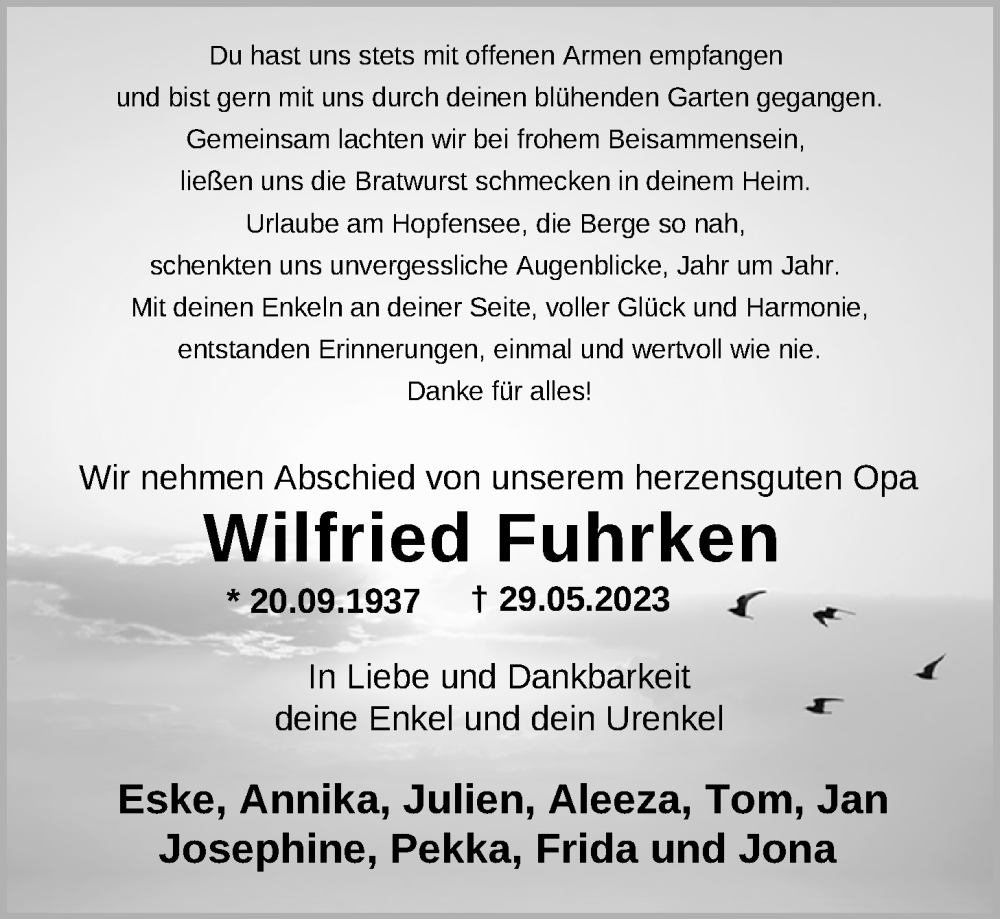  Traueranzeige für Wilfried Fuhrken vom 03.06.2023 aus Nordwest-Zeitung