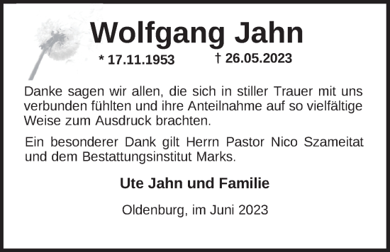 Traueranzeige von Wolfgang Jahn von Nordwest-Zeitung