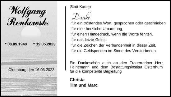 Traueranzeige von Wolfgang Renkowski von Nordwest-Zeitung