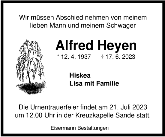 Traueranzeige von Alfred Heyen von WZ/JW/AH