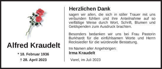 Traueranzeige von Alfred Kraudelt von Nordwest-Zeitung
