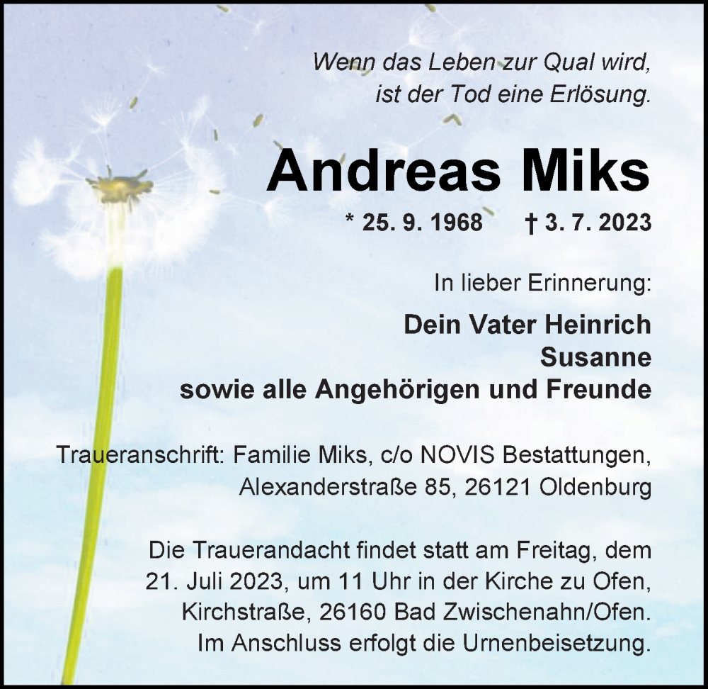  Traueranzeige für Andreas Miks vom 15.07.2023 aus Nordwest-Zeitung