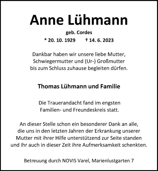 Traueranzeige von Anne Lühmann von Nordwest-Zeitung