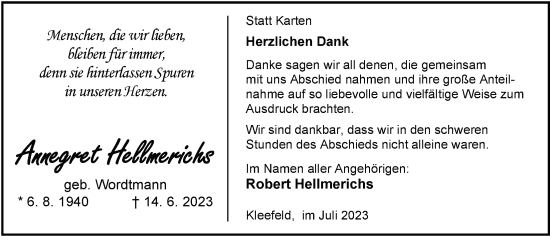 Traueranzeige von Annegret Hellmerichs von Nordwest-Zeitung