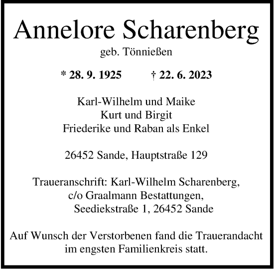 Traueranzeige von Annelore Scharenberg von WZ/JW/AH