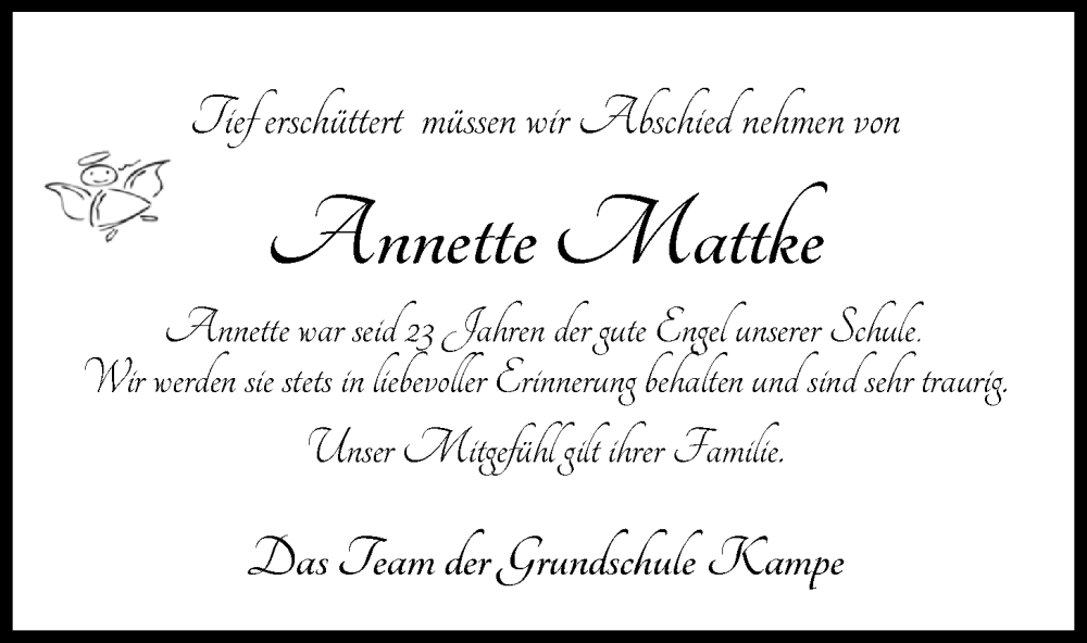  Traueranzeige für Annette Mattke vom 04.07.2023 aus Nordwest-Zeitung