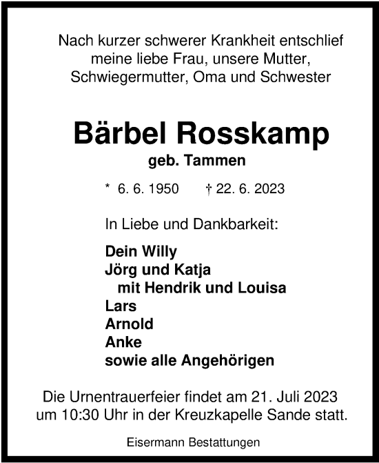 Traueranzeige von Bärbel Rosskamp von WZ/JW/AH