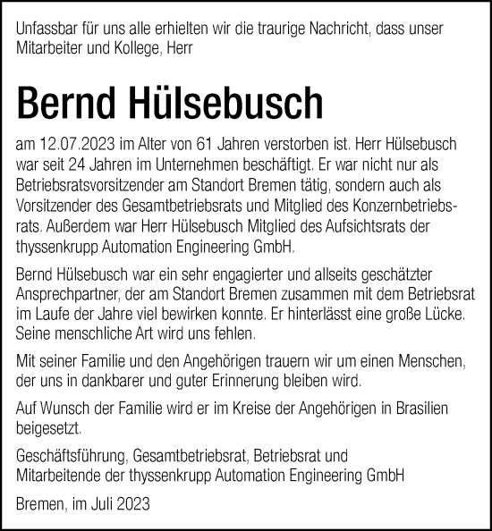 Traueranzeige von Bernd Hülsebusch von Nordwest-Zeitung