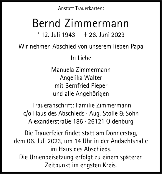 Traueranzeige von Bernd Zimmermann von Nordwest-Zeitung