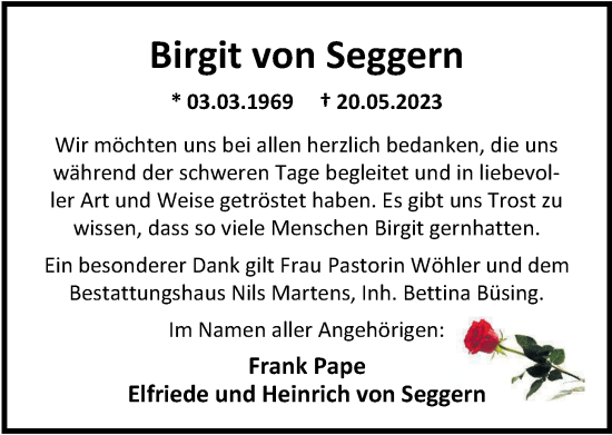 Traueranzeige von Birgit von Seggern von Nordwest-Zeitung