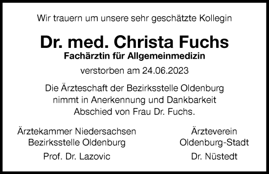 Traueranzeige von Christa Fuchs von Nordwest-Zeitung