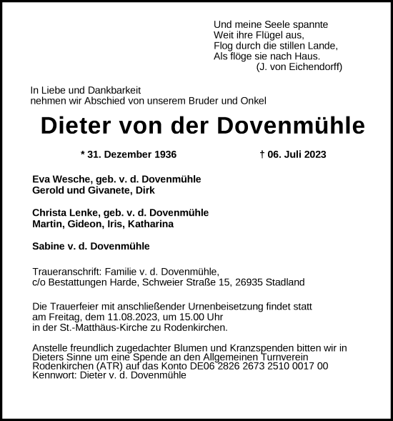 Traueranzeige von Dieter von der Dovenmühle von Nordwest-Zeitung