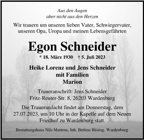 Traueranzeige von Egon Schneider von Nordwest-Zeitung