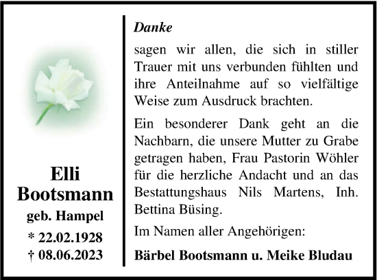 Traueranzeige von Elli Bootsmann von Nordwest-Zeitung