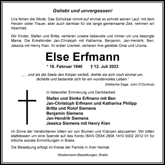 Traueranzeige von Else Erfmann von Nordwest-Zeitung