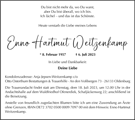 Traueranzeige von Enno Hartmut Weitzenkamp von Nordwest-Zeitung