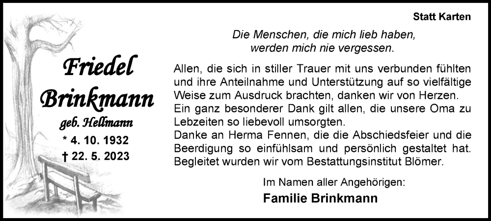  Traueranzeige für Friedel Brinkmann vom 11.07.2023 aus Nordwest-Zeitung