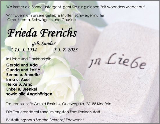 Traueranzeige von Friedel Frerichs von Nordwest-Zeitung