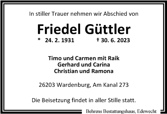 Traueranzeige von Friedel Güttler von Nordwest-Zeitung